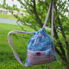 Blue and Purple Crocheted Drawstring Backpack
