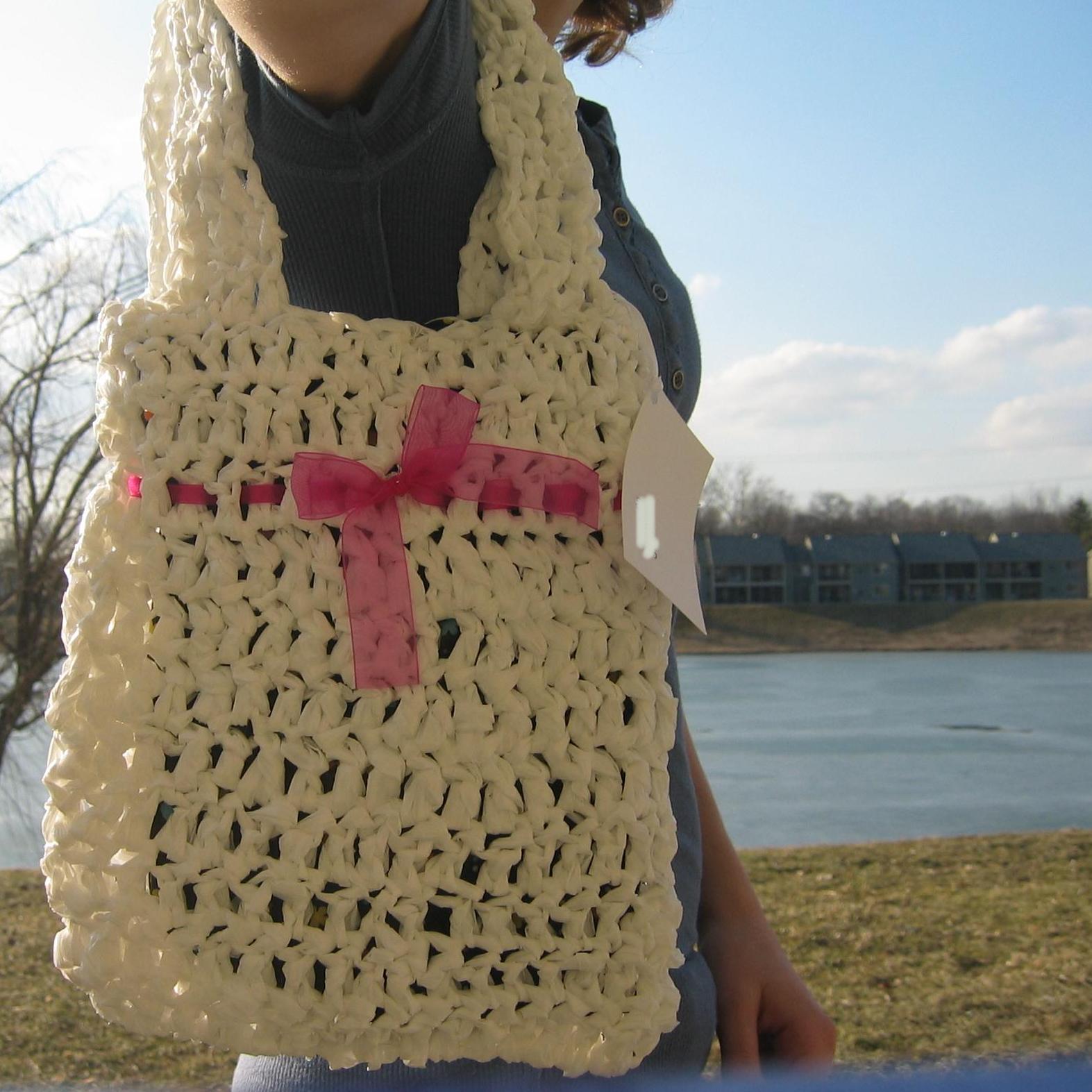 Pink Ribbon Crocheted Plastic Tote